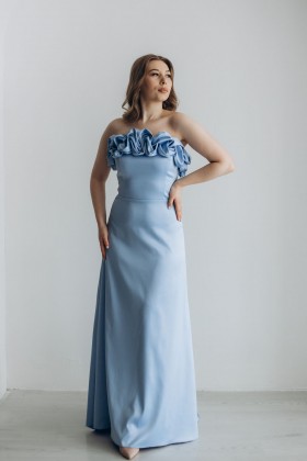 Сукня атласна довжини максі блакитного кольору із шлейфом [016-0224]