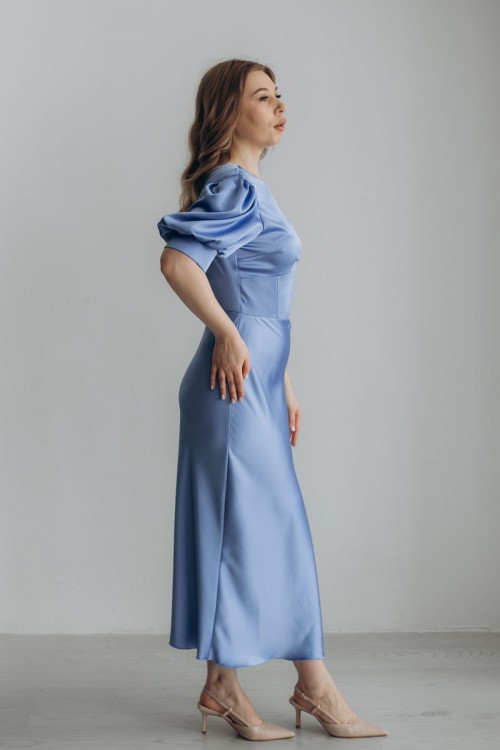 Платье голубое атласное с корсетом на талии [026-0224]