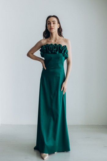 Платье атласное длины макси изумрудного цвета со шлейфом [015-0224]