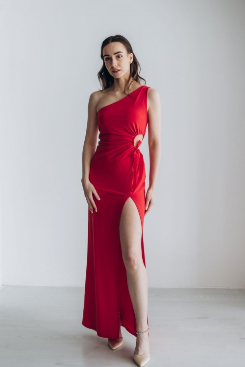Сукня червона довжини максі із вирізом на талії [012-0224]