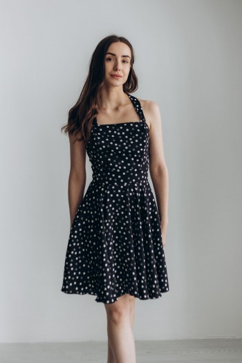 Сукня чорна в білий горох з відкритою спиною [0201-0424]