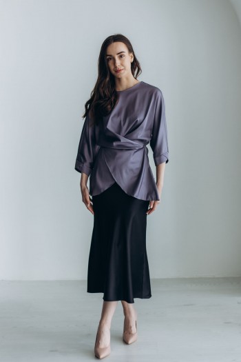 Блуза шелковая серая с завязкой на талии [039-0224