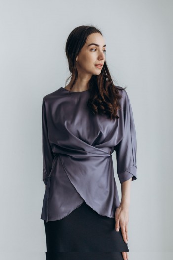 Блуза шелковая серая с завязкой на талии [039-0224