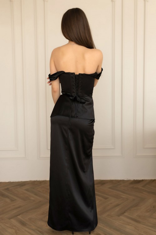 Сукня чорна максі довжини із баскою "Ванесса" [010-0326]