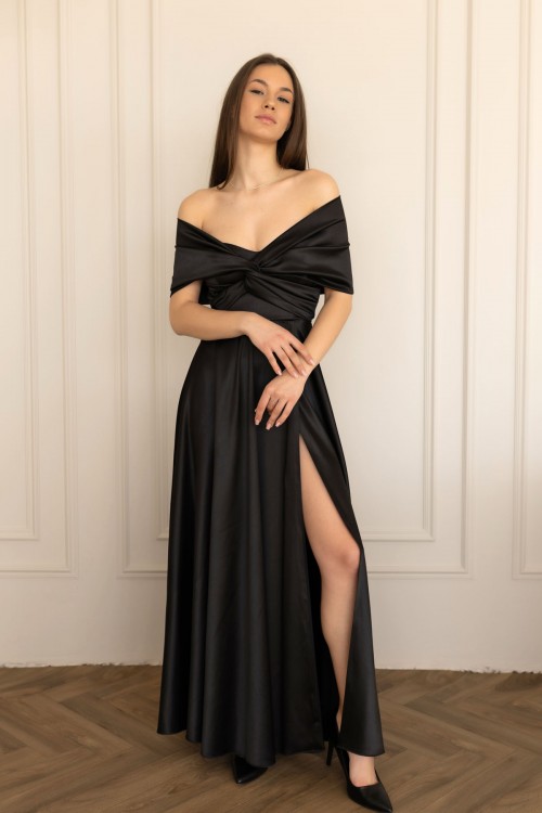 Сукня максі довжини чорного кольору із розпіркою "Естель" [010-0426]