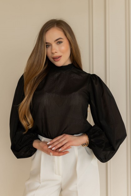 Блуза чорна із пишним рукавом "Вуаль" [030-0126]