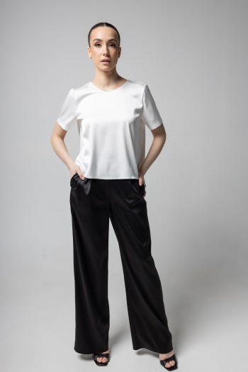 Штани палаццо атласні чорного кольору [070-0225]