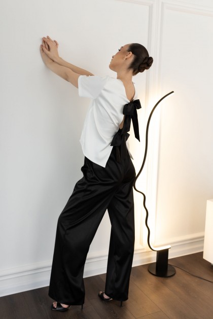 Брюки палаццо атласные черного цвета [070-0225]