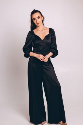 Комбінезон чорний атласний штани палаццо [110-0124]