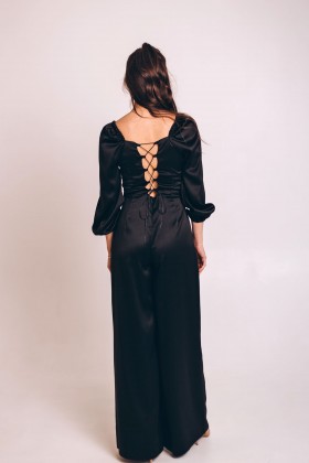 Комбінезон чорний атласний штани палаццо [110-0124]