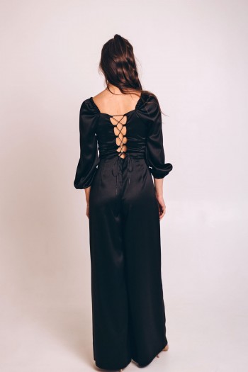 Комбінезон чорний атласний штани палаццо [110-0124]