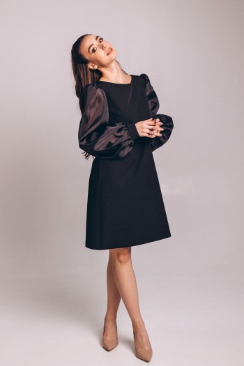 Сукня трапеція чорна з пишними рукавами [020-0225]