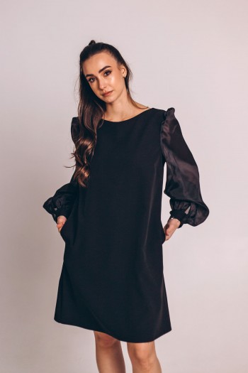 Сукня трапеція чорна з пишними рукавами [020-0225]