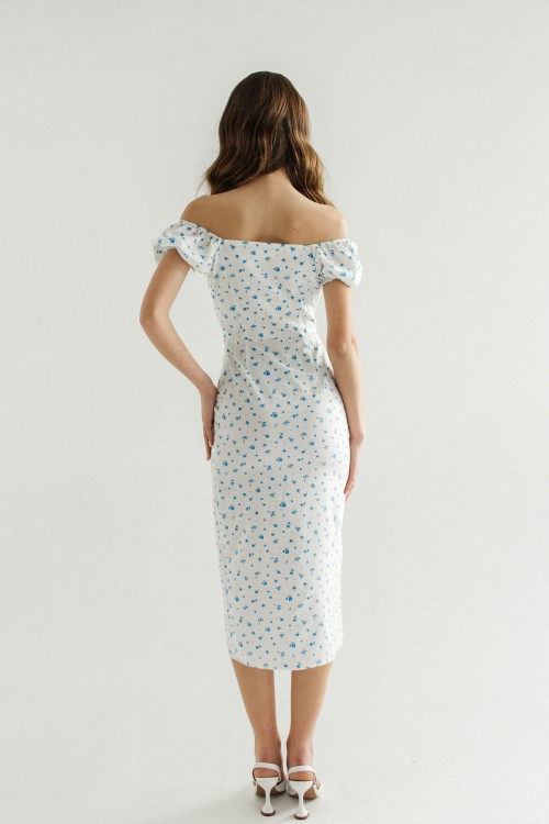 Платье миди белое в синие цветы 0217-0423