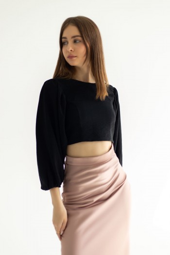 Топ черный пышный рукав, спинка на завязку [080-0624]