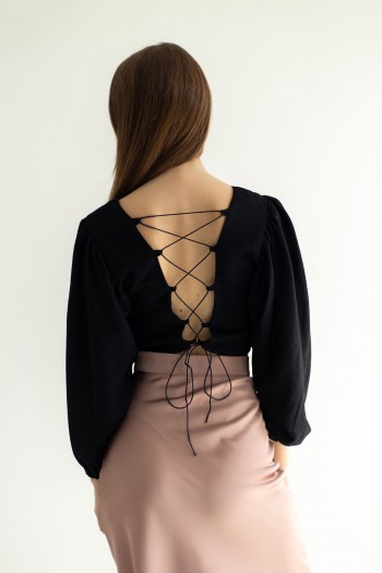 Топ черный пышный рукав, спинка на завязку [080-0624]