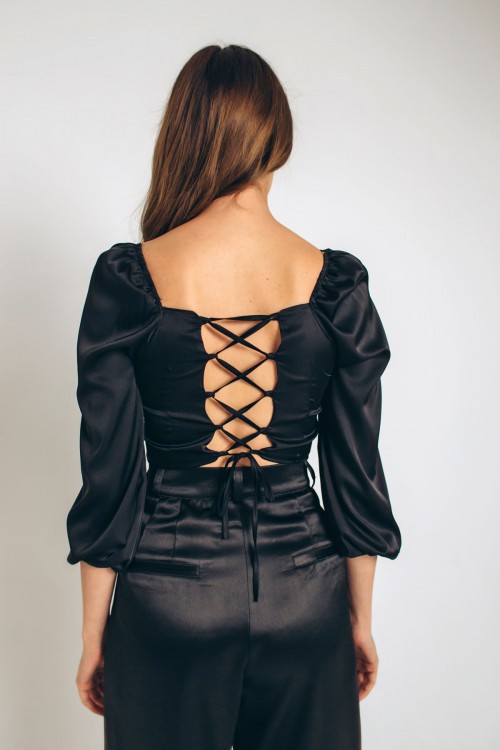 Блуза корсетом чорна, спина на зав'язку [030-1123]