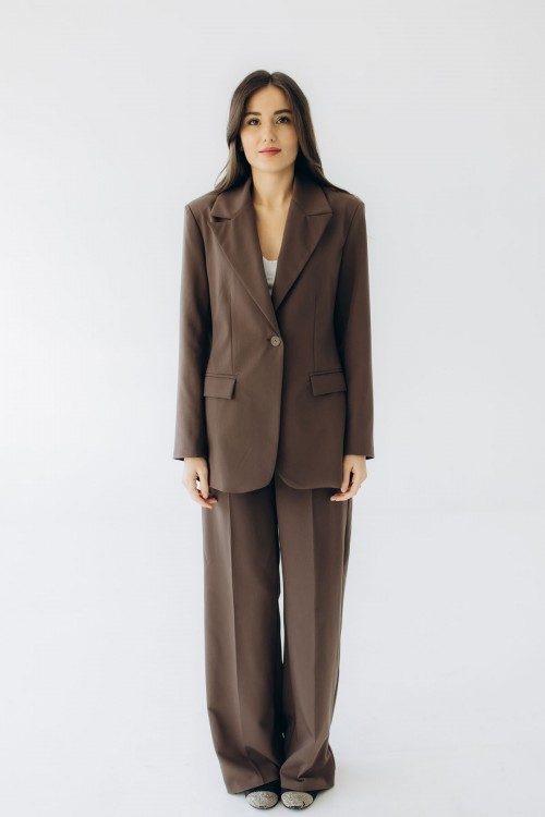 Костюм шоколадний піджак з поясом і штани прямого крою "Мілана"   [093-0825]