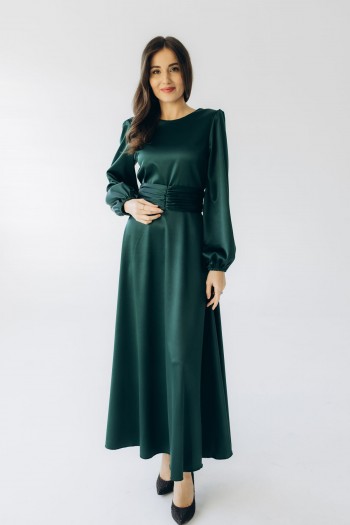  Платье атласное длины макси изумрудное "Анна" [015-1125]