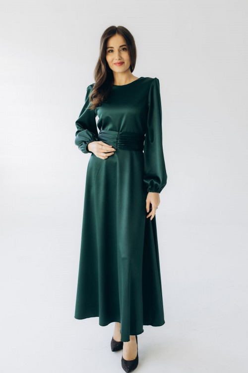  Платье атласное длины макси изумрудное "Анна" [015-1125]