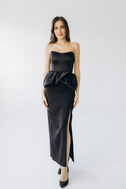 Корсет атласний чорний з пишною баскою "Камелія" ​​[080-1225]