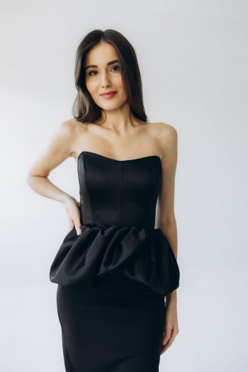 Корсет атласний чорний з пишною баскою "Камелія" ​​[080-1225]