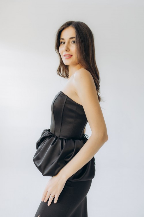 Корсет атласний чорний з пишною баскою "Камелія" ​​[080-1225]