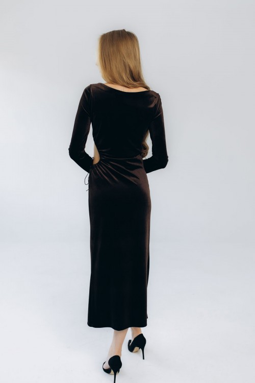 Сукня бархатна шоколадна з розпіркокою "Оксамит" [023-1125]