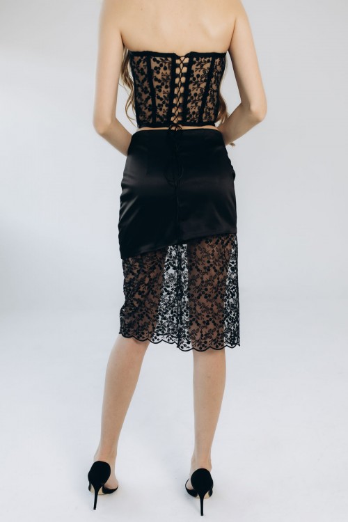 Спідниця атласна чорна з мережевним низом  "Вікторія" [060-1025]