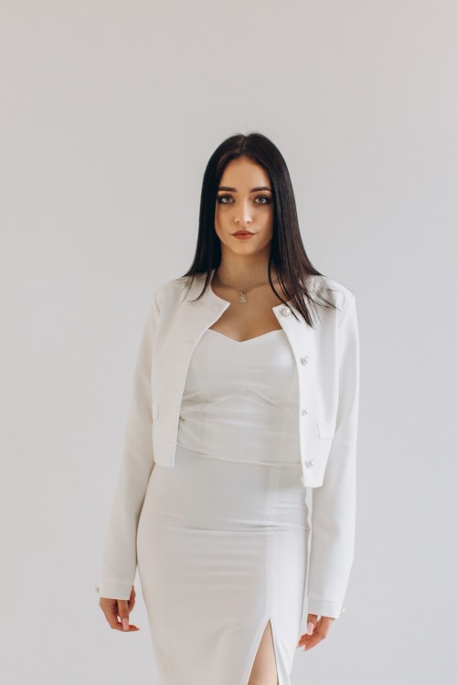 Пиджак белый укороченный с атласными вставками [101-0224]