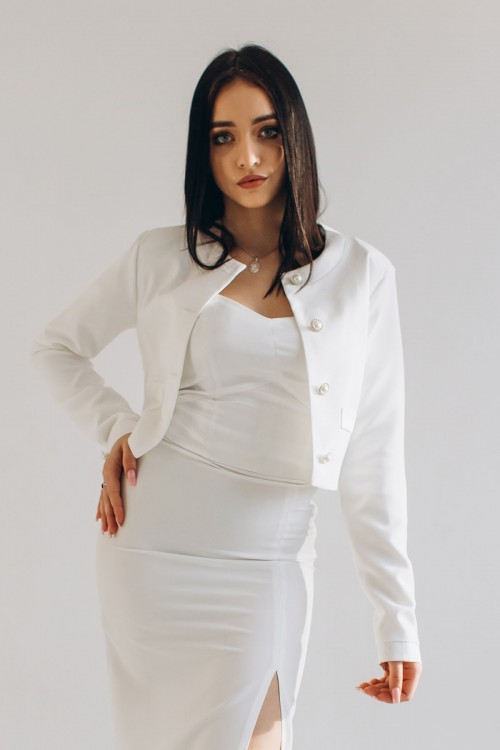 Пиджак белый укороченный с атласными вставками [101-0224]