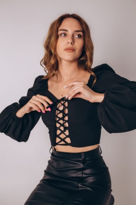 Блуза чорна софтова, перед зав'язки [030-1023]