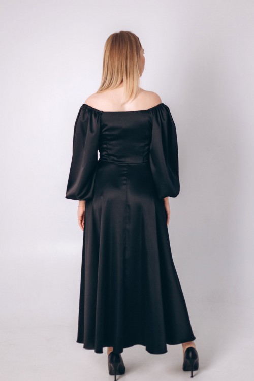 Платье черное пышный рукав из королевского атласа [020-1023]