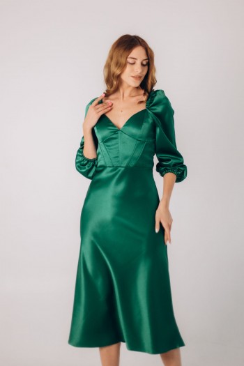 Сукня смарагдова міді з королівського атласу, спинка за зав'язки  [025-0923]