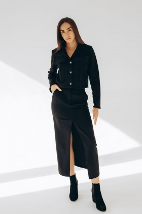 Юбка замшевая черная миди с распоркой [060-1024]